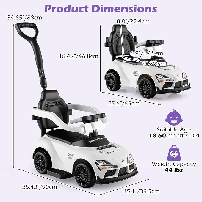 Licensed Toyota Ride on Push Car for Toddlers by INFANS, 3 in 1 Walking Sliding Toy with Removable Guardrails and Handle, Music, Under Seat Storage for Kid (White)