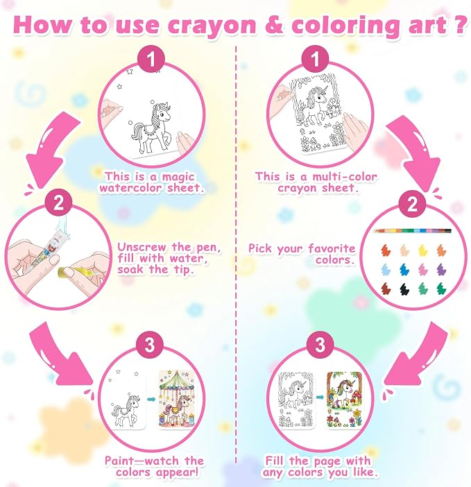 4-in-1 Princess Unicorn Craft Kit for Girls Ages 4-8, Foil Art, Scratch Art, Watercolor Painting & Coloring Activities, Creative DIY Arts and Crafts Set, Travel Activity for Home and Road Trips
