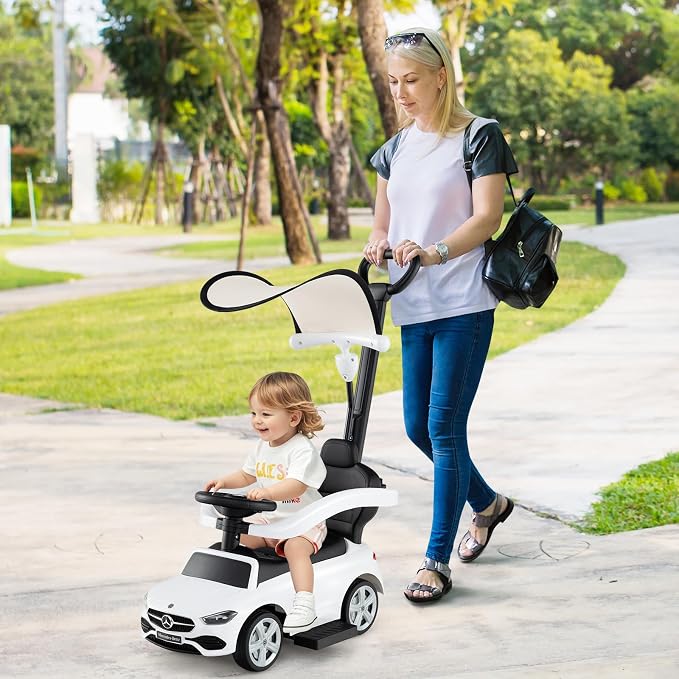 Costzon Push Car for Toddlers, 3 in 1 Mercedes Benz Stroller Sliding Walking Car w/Canopy, Handle, Safety Bar, Horn Sound, Underneath Storage, Foot-to-Floor Ride On Toy for Boys & Girls, White
