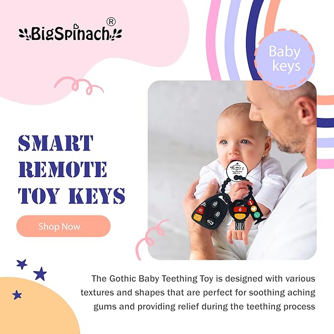 BIGSPINACH Baby Teething Keys Toys 6 to 12 Months,Gothic Car Teether Combo Set,Car Key Remote Toy Controller for Toddler(Gothic) (Gothic, Black)