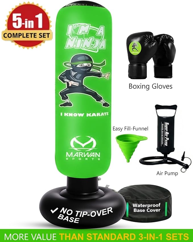 Marwan Sports Ninja Kids Punching Bag — Inflatable Sensory Toy & Birthday Gift for Boys & Girls Ages 4-12, 63" Freestanding 5-in-1 Kit, Indoor Apartment-Quiet Sensory-Friendly Active Play