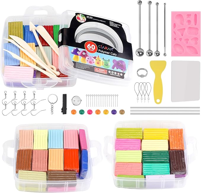 CiaraQ 60-Color Polymer Clay Oven Bake Modeling Kit for Kids & Artists | Non-sticky & non-toxic. 4.7 lb. With sculpting tools. Classroom & Home Use. Fun gift for Kids & artists. Ages 4+.