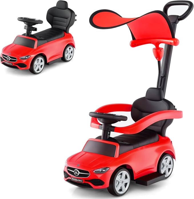 OLAKIDS Push Car for Toddlers, 3 in 1 Licensed Mercedes Benz Baby Sliding Walking with Parent Control Handle Adjustable Canopy Guardrail Under Seat Storage, Kids Ride on Toys with Horn (Red)