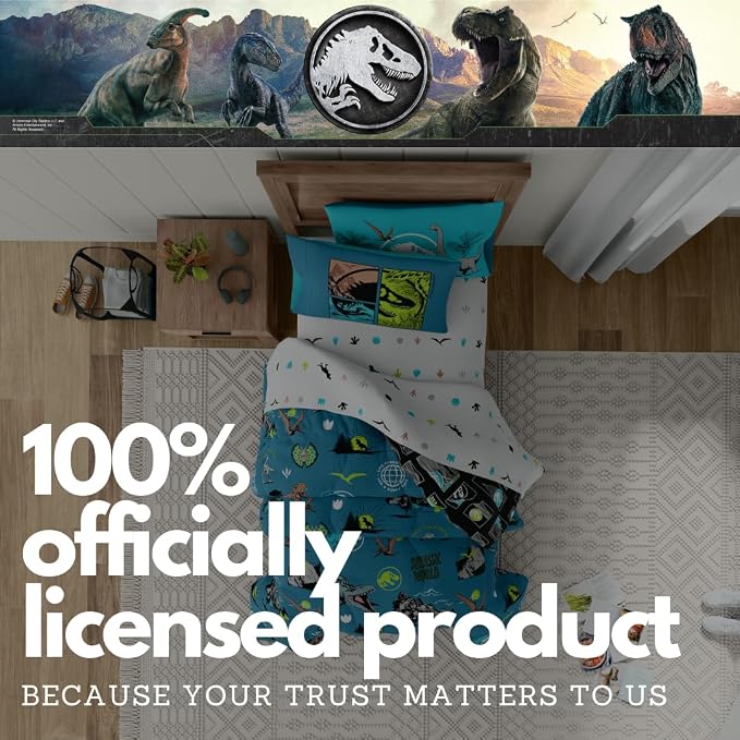 Jurassic World Kids Bedding Super Soft Cozy Reversible Microfiber Comforter and Sheet Set with Sham, 5 Piece Twin Size, (Officially Licensed Product) By Franco