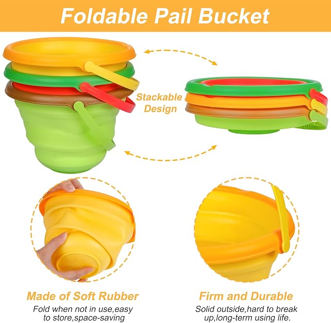 Beach Sand Toys Set for Kids, Silicone Collapsible Foldable Beach Bucket Travel Beach Toys for Summer Outdoor Camping and Fishing Tub with Sand Molds Shovels Rakes for Toddlers Boys Girls 2.5L 3PCS
