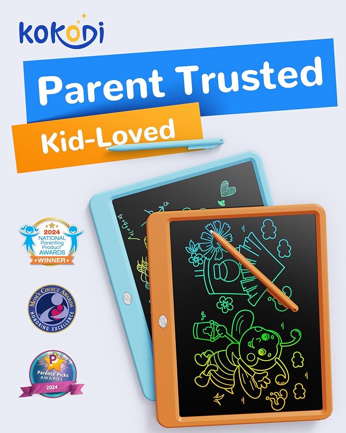 KOKODI LCD Writing Tablet, 12 Inch Colorful Toddler Doodle Board Drawing Tablet, Erasable Reusable Electronic Drawing Pads, Educational and Learning Toy for 3-6 Years Old Boy and Girls(Orange)