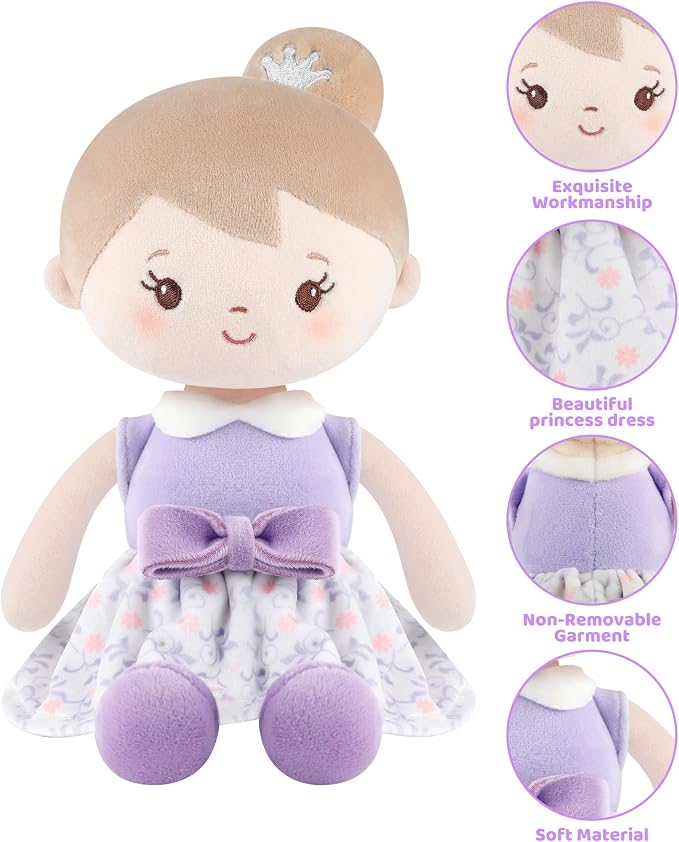 GAGAKU Soft Plush Baby Doll for Girls, Purple Skirt, 12" | My First Baby Doll Gift, Machine Washable, Rag Doll Toy, For Toddlers & Infants