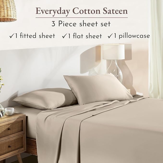California Design Den Cotton Twin Sheet Set - Natural 100% Cotton Twin Sheets, Soft Sateen Weave, Breathable and Durable Bedding - Oatmeal