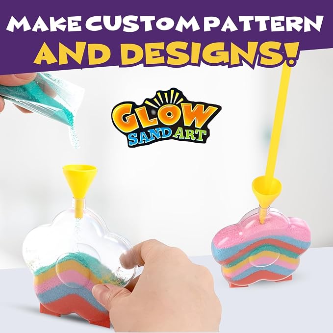 Create Your Own Magic Sand Art Glitter Activity | Glow in the Dark Colored Custom Sand Kits for Kids - Includes 12 Bottles, Funnels, Sticks, 60 Bags of Colorful Sand | DIY Arts and Crafts (24 Pack)