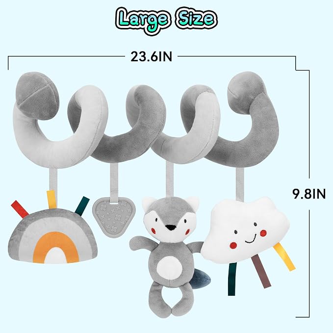 Car Seat Toys for Babies 0-6 Months: Travel Baby Toy for Soft Hanging Toys for Carseat, Spiral Stroller Activity Toy Plush for Infant Boys Girls, Grey Fox