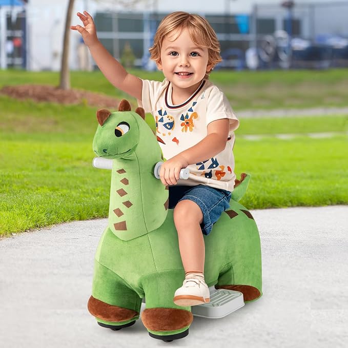 OLAKIDS Ride on Toys, 6V Electric Battery Powered Electric Ride on Dinosaur with Music, Padded Seat, Forward, Foot Pedal, Wheels, Riding Horse Toy for Boys Girl Aged 3+