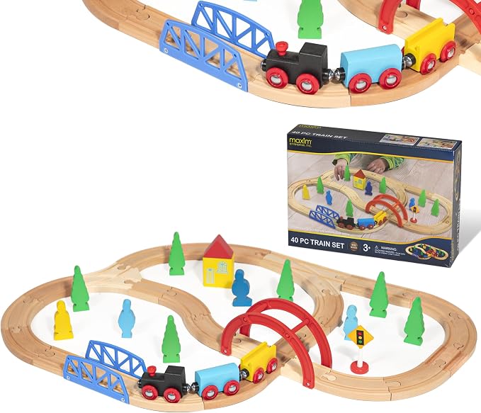 maxim enterprise, inc. 40 Pc Wooden Train Set, Complete Toy Railway with Straight and Curved Tracks, Wood Engine, Cars, Hauler, Signs, and More, Compatible with All Major Brand Accessories, Age 3+