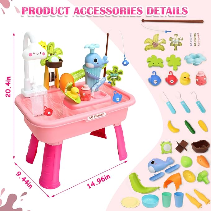Water Table for Toddlers 1-3, Kids Play Sink for Toddlers with Pump, Whale Slide, Waterfall Shower & Pretend Kitchen Accessories, Summer Baby Water Toy for Outdoor Backyard Sensory Play (Pink)