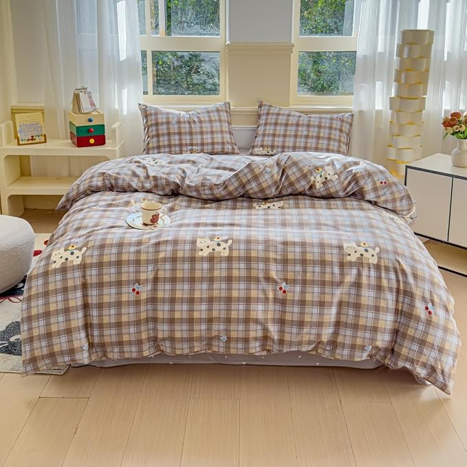 LIWHENHAO Duvet Cover Set Queen 100% Cotton Bedding Cartoon Cat Kitten on Brown Plaid 1 Kawaii Animal Pet Comforter Cover Full 2 Pillowcases for Kids Girls Boys Woman