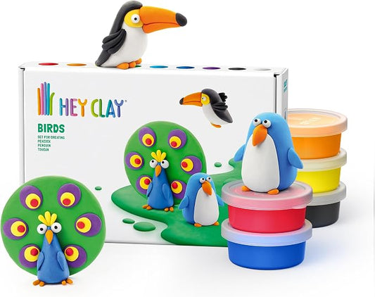 HEY CLAY Colorful Modeling Air Dry Clay for Kids 6 cans with Fun Interactive Instructions App - Kids Activities Age 3+ (Birds: Toucan, Penguin, Peacock)