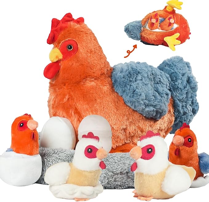 9 in 1 Chicken Stuffed Animal Set, Stuffed Chicken Plush Toy for Kids Zippered Egg Laying Hen with Coop Baby Chicks and Eggs, Chickens Toys for Kids Girls Boys Christmas Birthday Gift