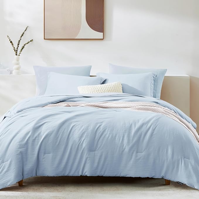 WRENSONGE King Comforter Set, 7 Pieces Ice Blue Soft Bed in a Bag King with Fitted Sheet, Flat Sheet, 2 Pillow Shams, and 2 Pillowcases- Warm Bedding Set for All Season