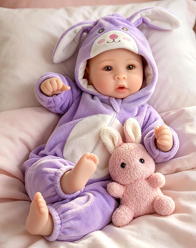 Aori Real Baby Dolls - 17 Inch Realistic Baby Doll with Soft Body & Purple Bunny Outfits for Girls 3+ Pretend Play, Dress Up, Nursery Decor