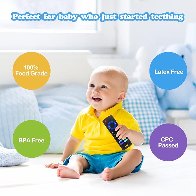 2-Pack Silicone Baby Teething Toys, TV Remote Teethers for 6-12-18 Months Infant, Fire Stick Remote Control Shape Baby Silicone Teethers, Chew Toys for Boys and Girls (New-F Black+R Blue)