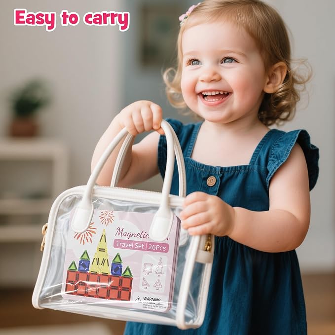 26PCS Mini Magnetic Tiles Travel Set Iron Box Storage Baseplate, Portable Magnetic Building Blocks STEM Toy for Kids 3+