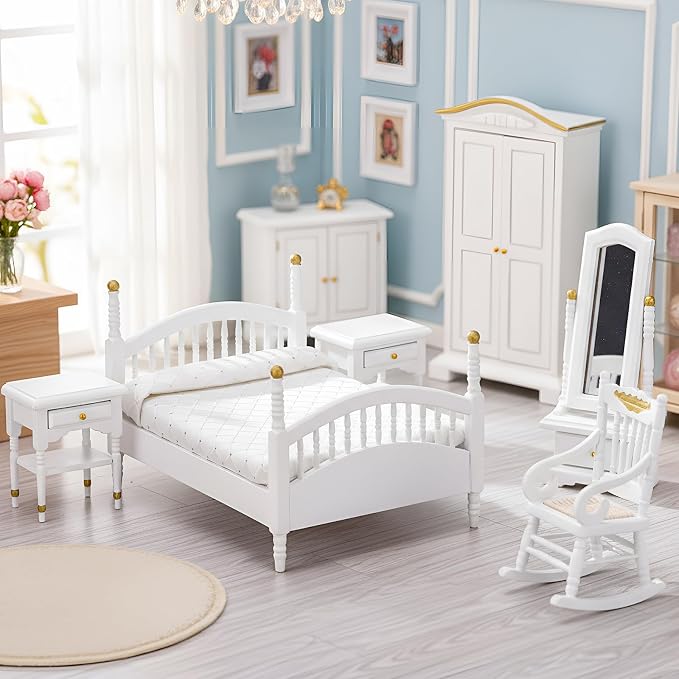 Skylety 7 Pcs Wooden Dollhouse Furniture Set 1: 12 Scale Victorian Dollhouse Bedroom Furniture, Bed Dressing Table Wardrobe Carpet for Adults Toys Miniature Doll House Accessories(White,Vintage)