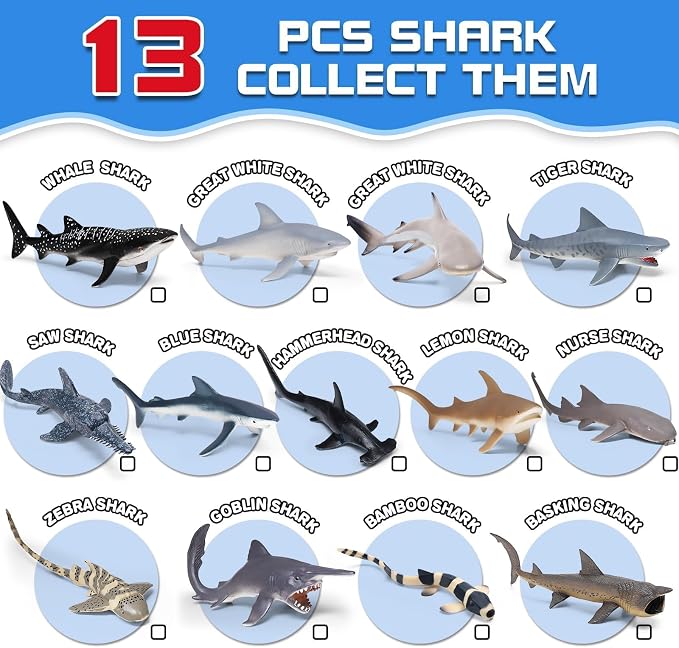13 Pack Shark Toys Set with Booklet and Gift Box, Realistic Plastic Shark Figurines, Sea Creature Toy for Kid, Shark Party Decoration, Cake Topper, Educational Ocean Animals for Toddlers, Boys Girls