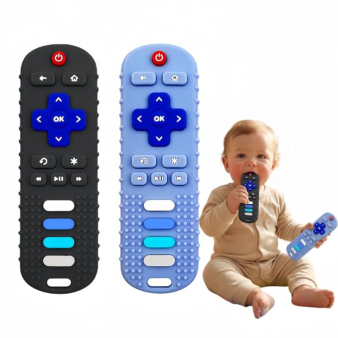 2Pcs Baby Teething Toys, BPA-Free Food Grade Silicone Baby Remote Control Teething Toy for 3-18 Months, Baby Remote Teether, Newborn Teething Relief TV Remote Shaped Toy (Black&Blue)