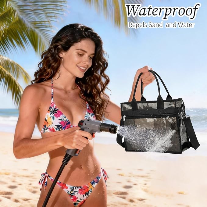 Fammart Mesh Beach Bag for Women, Large Beach Toy Pool Bag with Zipper Pocket, SandProof Cruise Essentials 2026 Family Travel