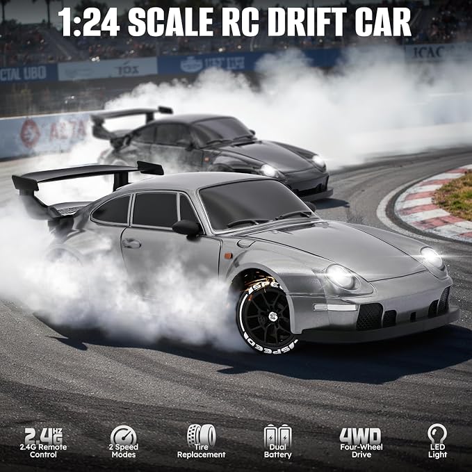 RC Drift Car,1:24 Scale Remote Control Car, 2.4GHz 20KM/H 4WD High Speed RC Cars for Kids with LED Light, Two Batteries,Drifting Tires,Racing Vehicle Toy for Adults Boys Girls Silver