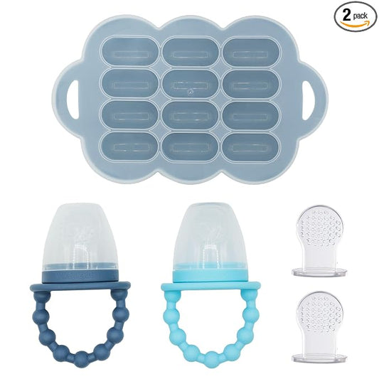 WeeSprout Baby Food Feeder Set - 2 Silicone Feeders & Reusable Freezer Tray with Lid - BPA-Free Fresh Fruit & Veggie Pacifier for Babies & Toddlers - Double as Teething Toys - Dishwasher Safe