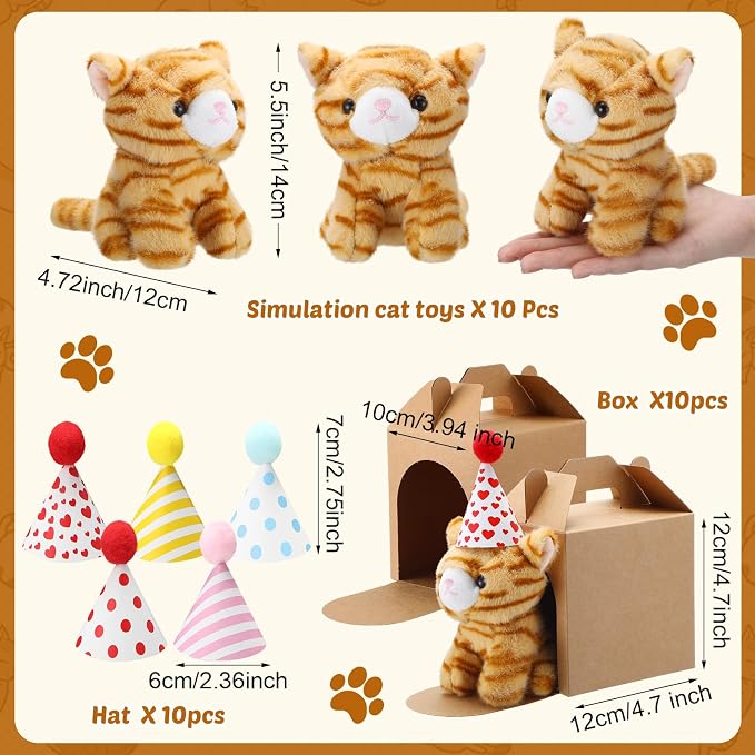 10 Set Kittens Stuffed Animals Bulk with 10 Birthday Hats 10 Kraft Paper Boxes Mini Plush Toys Small Stuffed Cat Pet Gifts for Kids, School Birthday Animal Decor(Cute Style)