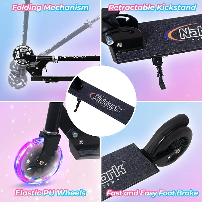 Nattork Scooter for Kids Ages 3-8 – Kick Kids Scooters for Girls & Boys Light up Wheels Portable Lightweight Folding Design with Reducing System and Adjustable Height Handlebars and up to 110 Lbs
