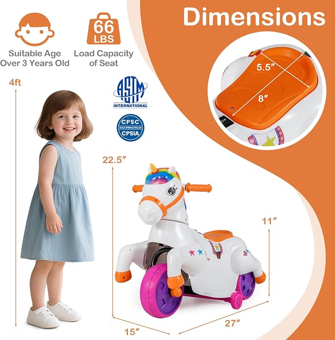 Costzon Ride on Car, 12V Ride on Toys for Toddlers Pony with Training Wheels, up & Down Mode, Music & LED Power Display, Motorized Play Horse, Kids Car Motorcycle for Boys Girls (Rainbow)