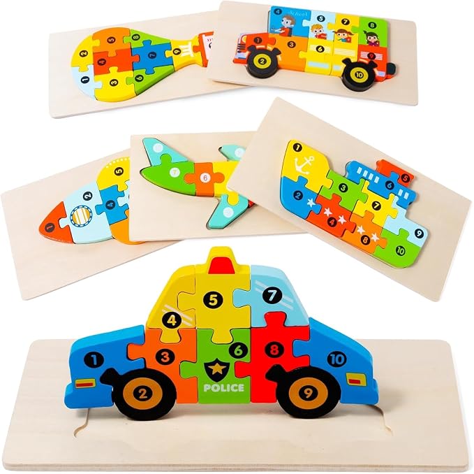 Wooden Puzzles for Toddlers Ages 3-5, 6 Pack Montessori Transportation Vehicle Toys with Numbers 1-10, Educational Preschool Learning Toy, Birthday Gift for 3 4 5 Year Old Boys & Girls (60 Pieces)