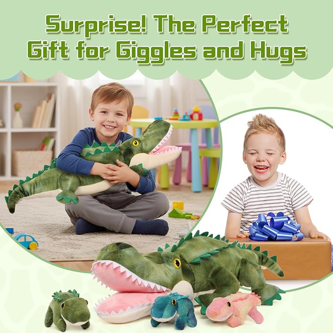 7Pcs Alligator Stuffed Animal, 23.6" Giant Crocodile Plush Toy with 3 Baby Crocodiles Plushies, Stuffed Alligator Gift for Kids on Birthday,Christmas or Baby Shower,Party Decorations