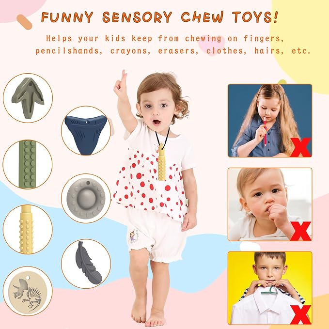 Chew Necklaces for Sensory Kids 7 Packs Children Adults Autism ADHD Chewy Necklace Sensory Teether Silicone Teething Boys and Girls Anxiety Relief to Reduce Fidgeting Stress Oral Fixation