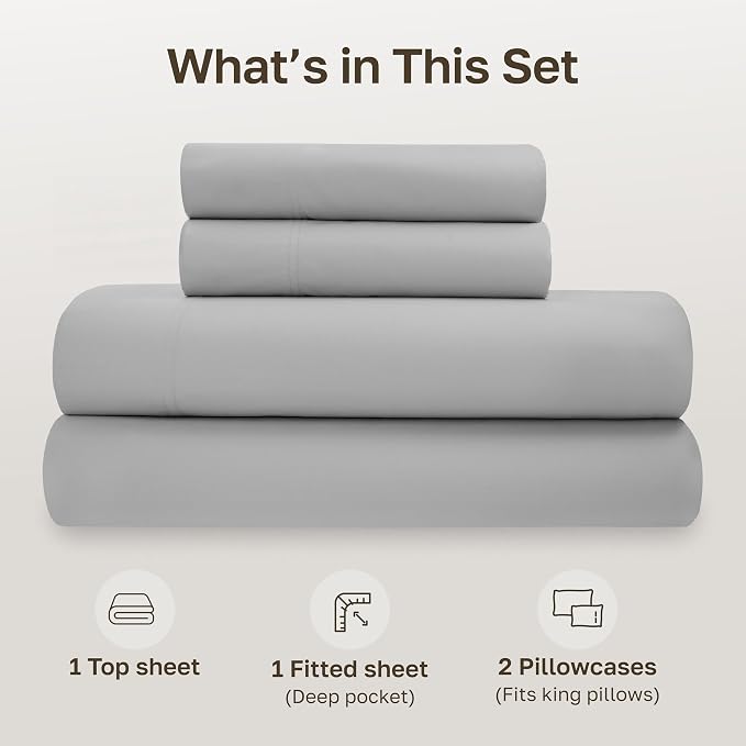 California Design Den California King Sheets Set - Soft 100% Organic Cotton Sheets with Deep Pockets, Crisp Percale, Breathable and Durable Bedding Set - Light Grey