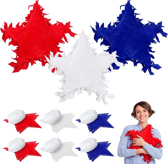 Weysat 6 Sets Patriotic Star Fleece Tied DIY Pillow Craft Kits Independence Day USA 4th of July Red White Blue 250th Fleece Tied Pillow Craft for Fourth of July Memorial Day Party Favor