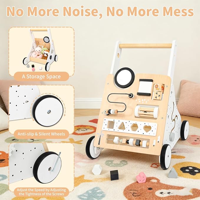 Wooden Baby Walker for Toddlers 1-3, Adjustable Height Montessori Push Toy with 9-in-1 Activity Center, Baby Push Walker with Wheels for Learning to Walk, Gift for 12 Month Old Girls Boys