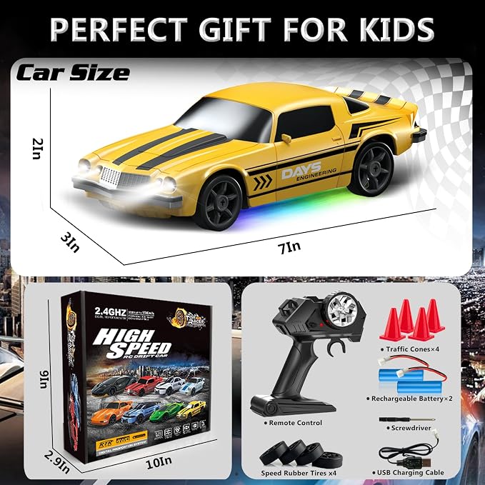 Remote Control Car RC Drift Car 2.4GHz 1:24 4WD 15KM/H High Speed Racing Sport Car with LED Lights Drifting Tire Racing Sport Toy for Adults Boys Girls Kids Gift 2Pcs Rechargeable Batteries