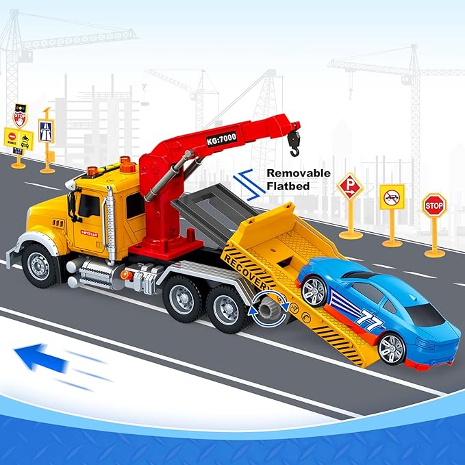 SpringFlower 15" Large Tow Truck Toy, Toy for 3 4 5 6 Years Old Boy Toddlers, Truck Vehicle with Racing Car, Traffic Signs, Working Hook, Light Sound, Birthday Gifts for Boys & Girls