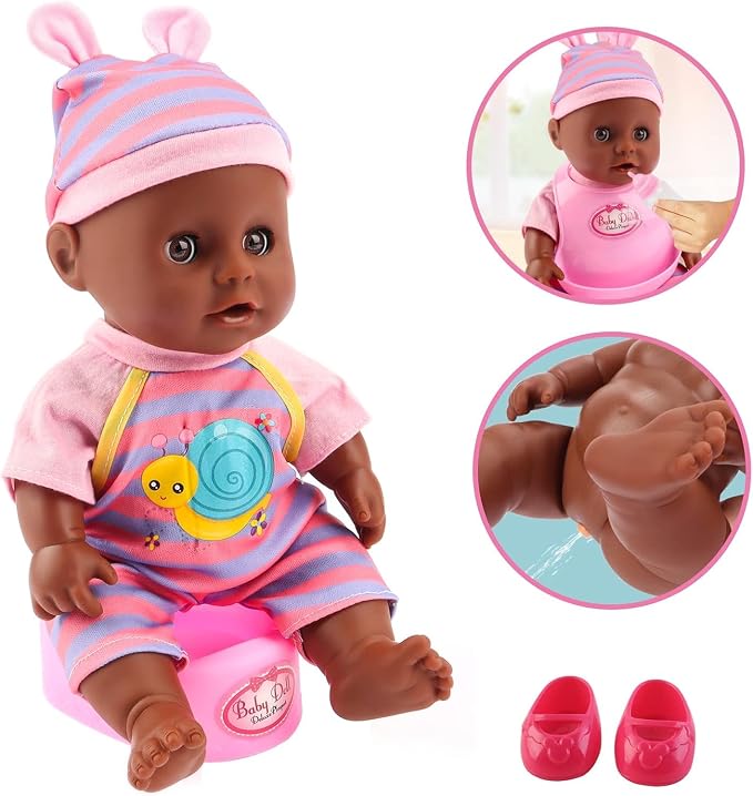 deAO 12” Black Baby Doll Play Set with Crib, Mobile, High Chair Feeding Accessories, Interactive Dolls for Girls Kids Pretend Play Baby Dolls 21 PCS