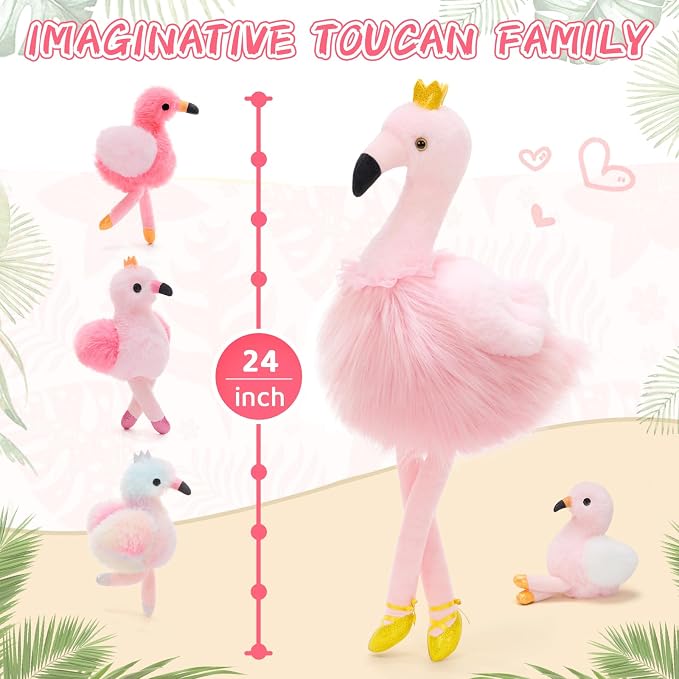 MorisMos Pink Flamingo Stuffed Animal with 4 baby Bird Plush Toys Inside, 24'' Ballerina Flamingo Plush Toys Set for Girl Boy Kid, Mom & Baby Pink Bird Stuffed Animal Gift Decor for Christmas Birthday
