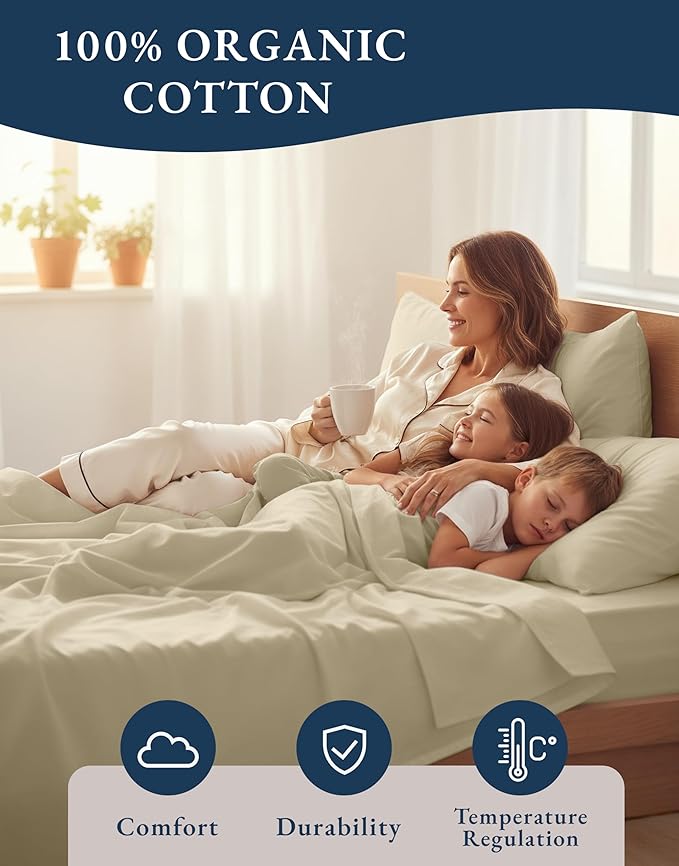 LANE LINEN Twin XL Sheet Set 100% Organic Cotton 3pc Percale Soft - Linen | GOTS Certified Organic Cotton Percale Twin XL Sheet Set - For Hot Sleepers, All-Season Comfort, For Dorms & Adjustable Beds