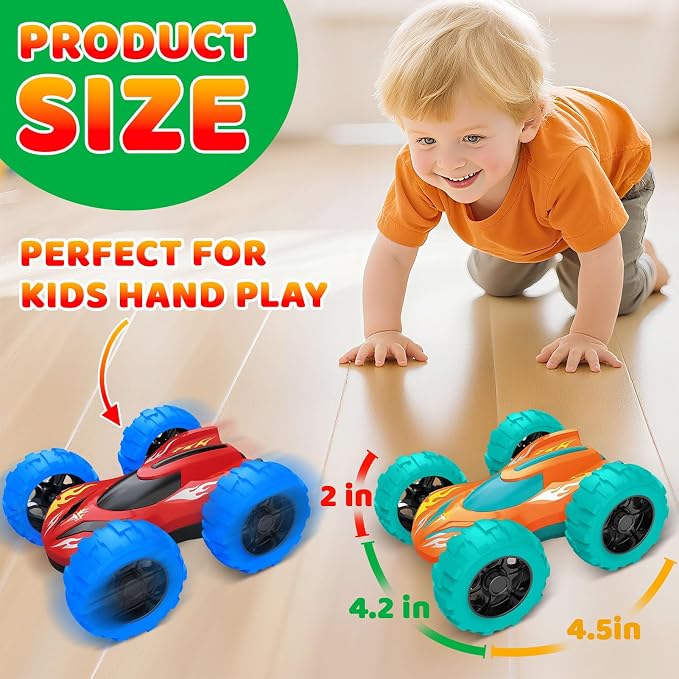 2 Pack Car Toys for 3 4 5 Years Old Boys, Sturdy Friction Powered Monster Truck Toys, Double-Side Stunt Vehicles, Push and Go Cars, Sand Toy, Easter Christmas Birthday Gift for Boys Girls Kids Toddler