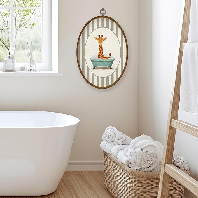 WULQYING Funny Giraffe Kids Bathroom Wall Art Decor, Kids Oval Framed Canvas Art Prints, Whimsical Neutral Striped Giraffe in Bathtub Wall Hanging Decor for Kids Bathroom Washroom, 8.5x11.4 Inches