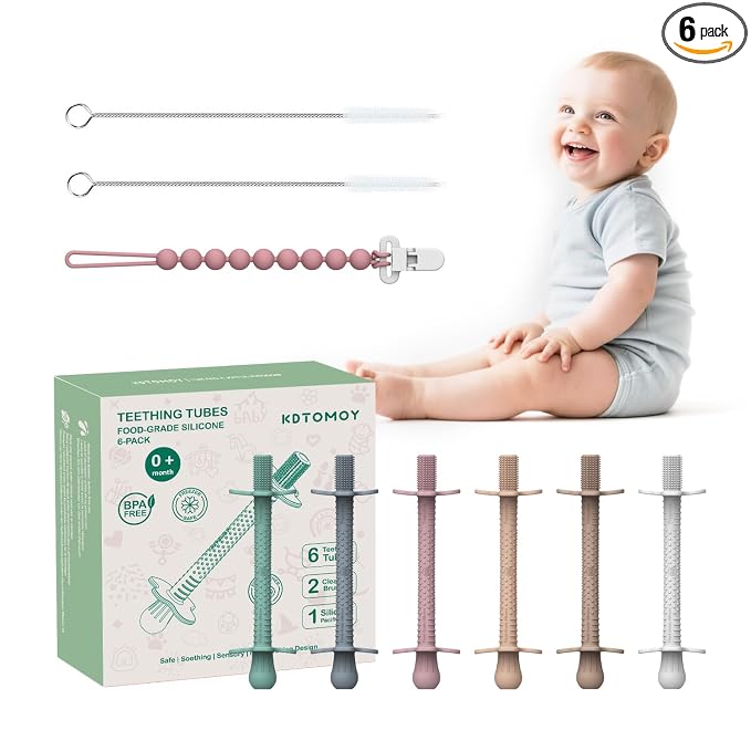 6pk Baby Teether Straws Silicone Teething Tube Stick Toy for 0-12M | Shielded Tube Teethers Sensory Toys, Soothing Infant Teething Straws, Hollow Textured Chew Sticks for Toddlers Relief