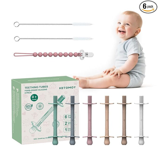 6pk Baby Teether Straws Silicone Teething Tube Stick Toy for 0-12M | Shielded Tube Teethers Sensory Toys, Soothing Infant Teething Straws, Hollow Textured Chew Sticks for Toddlers Relief