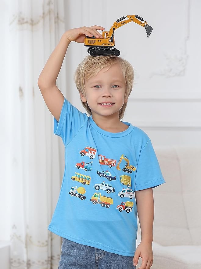 Lovekider Cotton Shirt for 3-6T Boys Truck Dinosaur Toddler Kids T-Shirt Short Sleeve Excavator Construction T-Rex Tee Shirts