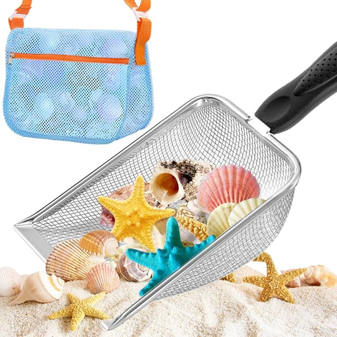 Beach Mesh Shovel and Shell Bag Set, Shark Tooth Sifter Dipper with Mesh Beach Bags for Shell Collecting, Kids Sand Filter Scooper Toys for Toddlers Shelling Picking Up (Black)